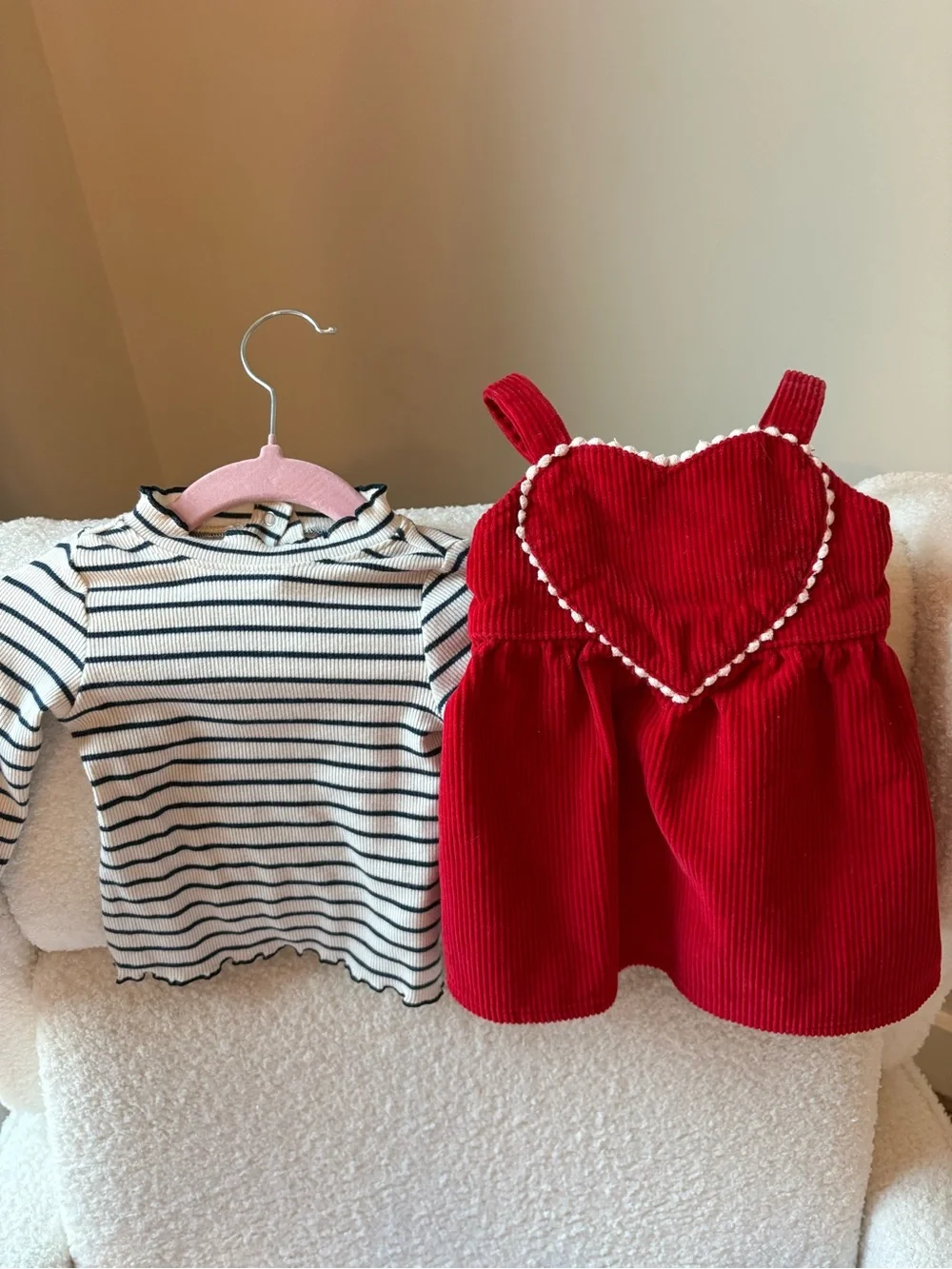 Old Navy Red Corduroy Heart Pinafore with Striped Top